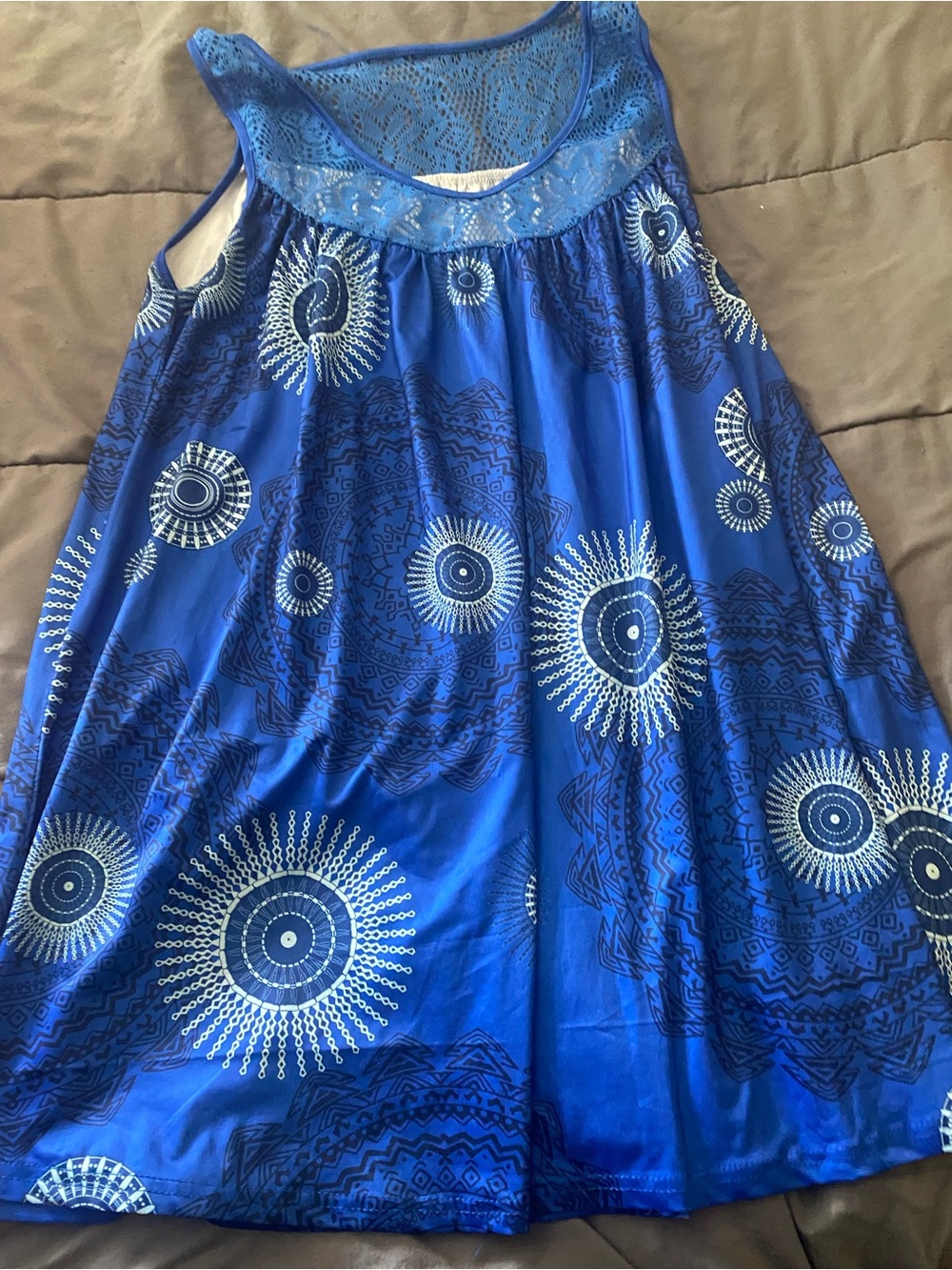 Blue Lace Yoke Sunburst Print Sleeveless Dress